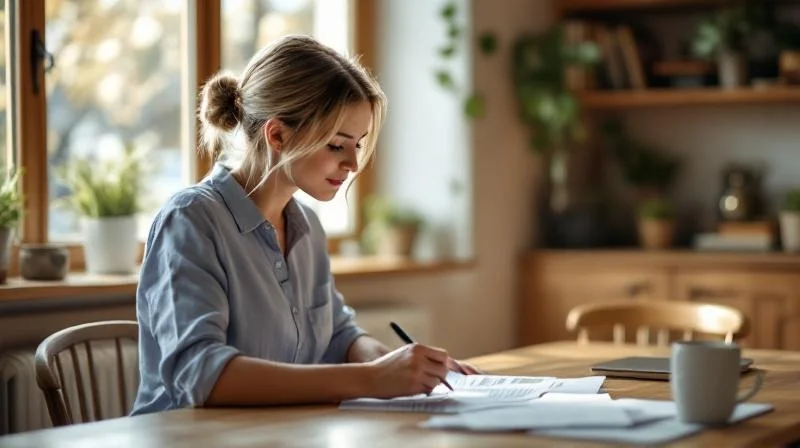 Frau berechnet Foerderung am Kuechentisch in Fuerth