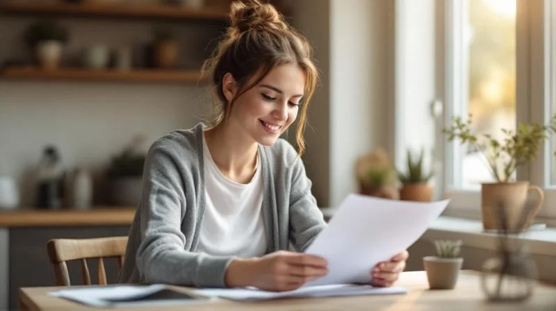 Frau in einem hellen Raum in Fuerth prueft Unterlagen fuer ihren Bildungsgutschein