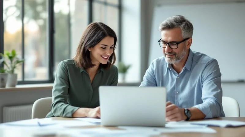 Zwei Personen im Gespraech an einem Tisch mit Unterlagen in einem modernen Buero