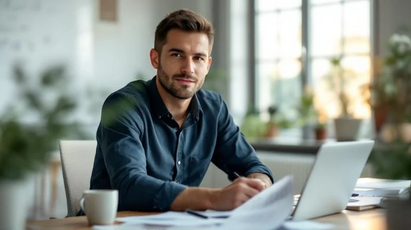 Mann sitzt konzentriert am Schreibtisch mit Laptop und Unterlagen in einem hellen Buero in Fuerth