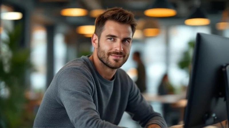 Mann arbeitet am Laptop in einem modernen Buero in Fuerth