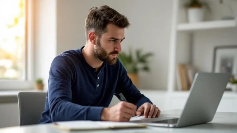 Mann arbeitet konzentriert am Laptop in einem hellen Büro in Fürth
