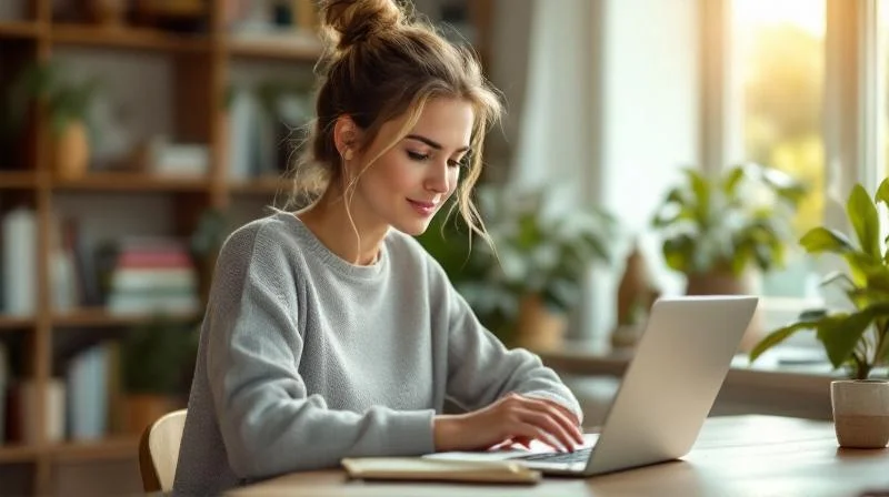 Frau lernt konzentriert am Laptop in einem hellen Wohnzimmer in Fuerth
