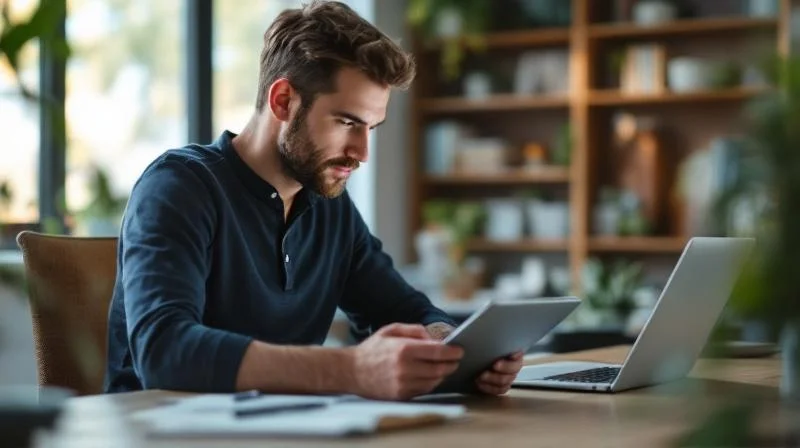 Mann arbeitet konzentriert am Laptop in einem modernen Home Office in Fuerth